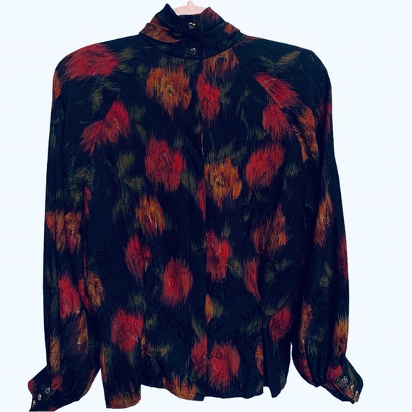 VINTAGE 80’S UNGARO TER WATERCOLOR SILK BLOUSE STATEMENT BILLOWING ABSTRACT TOP - Picture 4 of 13